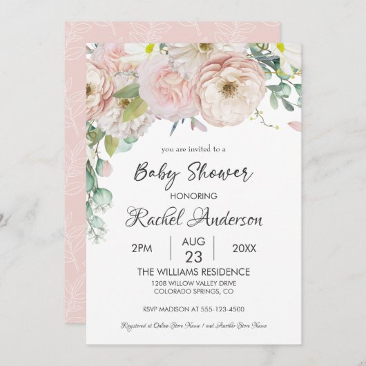 Invitation Fille Floral verdure Baby shower pastel doux (Devant / Derrière)