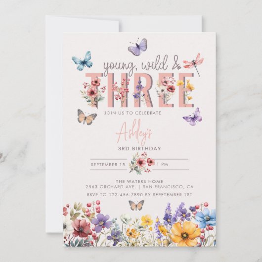 Invitation Fille florale Anniversaire | 3e anniversaire (Devant)