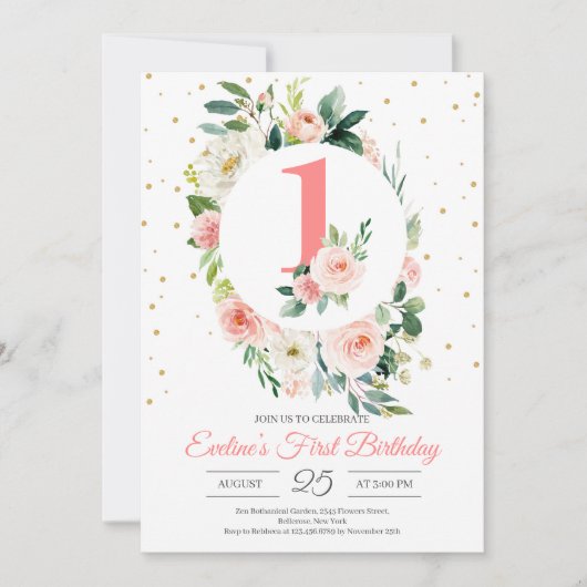 Invitation Fille florale boho personnalisée premier anniversa (Devant)