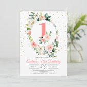 Invitation Fille florale boho personnalisée premier anniversa (Debout devant)