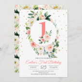 Invitation Fille florale boho personnalisée premier anniversa (Devant / Derrière)