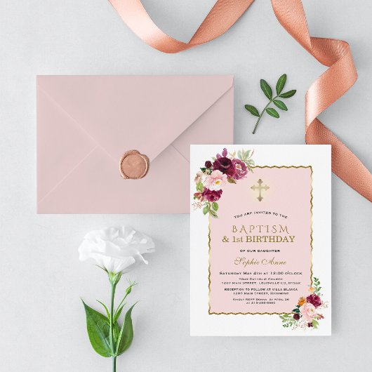 Invitation Fille florale Bourgogne rose 1er anniversaire et b