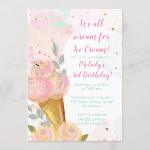 Invitation Fille Florale Crème de glace Aquarelle fête d'anni