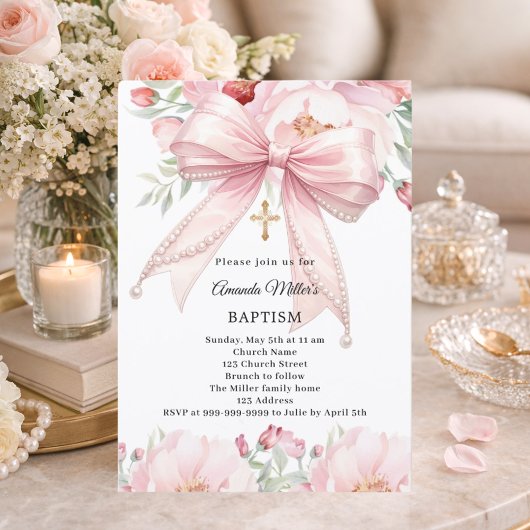 Invitation Fille florale de perles d'arc rose Baptême