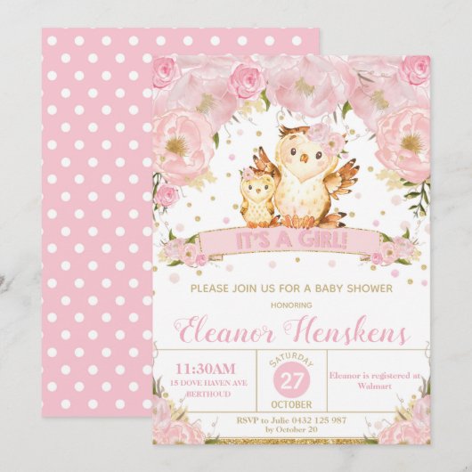 Invitation Fille florale d'invitation de baby shower de hibou (Devant / Derrière)