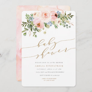 Invitation Fille florale d'invitation de baby shower d'or