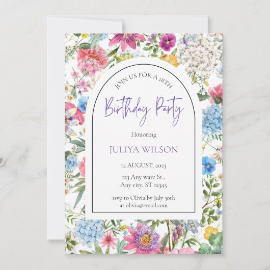 Invitation Fille florale fête d'anniversaire (Devant)