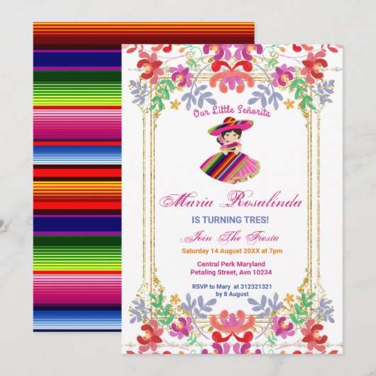 Invitation Fille Florale Mexicaine Tres Anniversaire (Devant / Derrière)