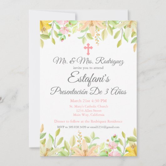Invitation Fille Florale Présentation 3 Ans Mexicain 3 Ans (Devant)