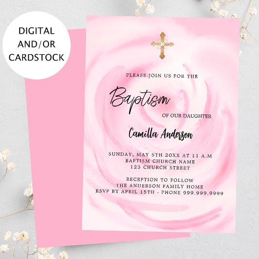 Invitation Fille florale rose Baptême
