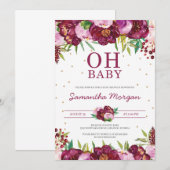 Invitation Fille florale rose rouge marron oh baby shower (Devant / Derrière)