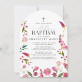 Invitation Fille Florale rose Saint Baptême Aquarelle Fleurs (Devant)
