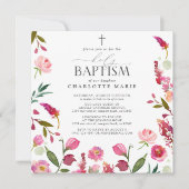Invitation Fille Florale rose Saint Baptême Aquarelle Fleurs (Devant)