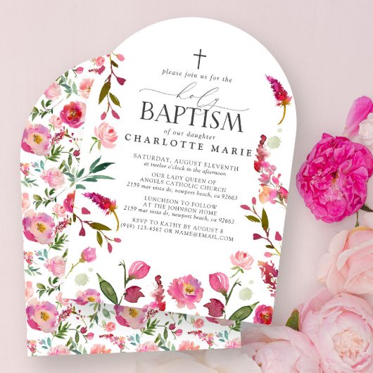 Invitation Fille Florale rose Saint Baptême Aquarelle Fleurs