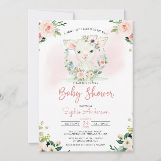 Invitation Fille Florale Rose Un Petit Baby shower D'Agneau (Devant)