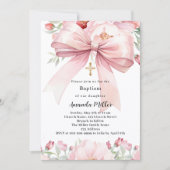 Invitation Fille florale ruban rose Baptême (Devant)