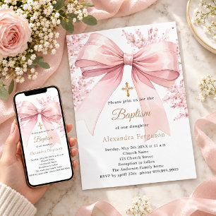 Invitation Fille florale ruban rose Baptême