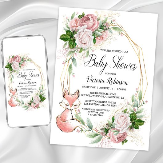Invitation Fille Fox Aquarelle Baby shower Floral