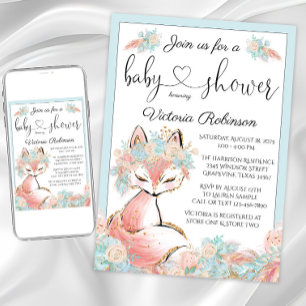 Invitation Fille Fox rose Turquoise or Baby shower d'aquarell