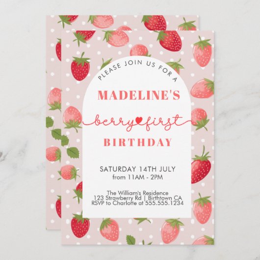 Invitation Fille fraise 1er anniversaire (Devant / Derrière)