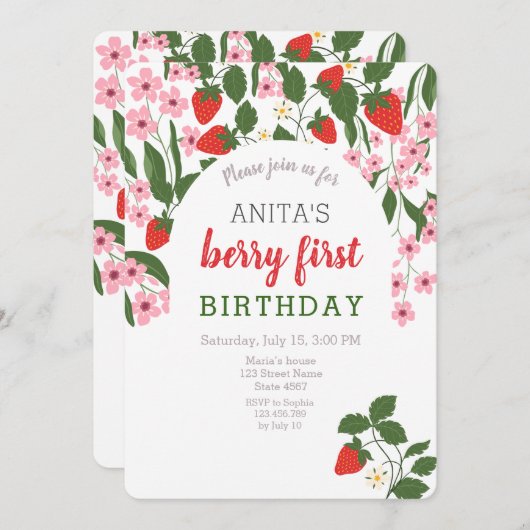 Invitation Fille fraise 1er anniversaire (Devant / Derrière)