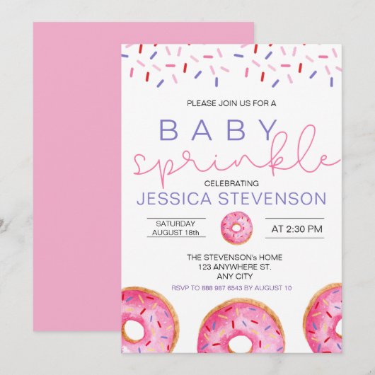 Invitation Fille gâteau d'eau Donuts Bébé Sprinkle Shower  (Devant / Derrière)