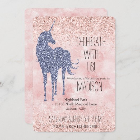 Invitation Fille Glam Blush rose violet Parties scintillant U (Devant / Derrière)