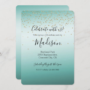Invitation Fille Glam Gold Sparkle Confetti Mint Ombre