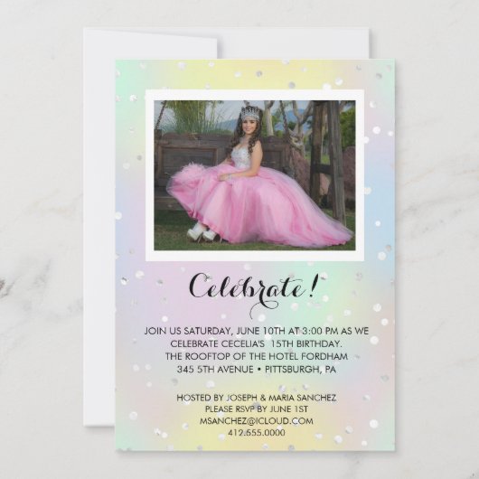 Invitation Fille Glam Irridescente rose Photo Quinceanera (Dos)