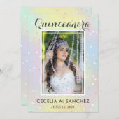Invitation Fille Glam Irridescente rose Photo Quinceanera (Devant / Derrière)