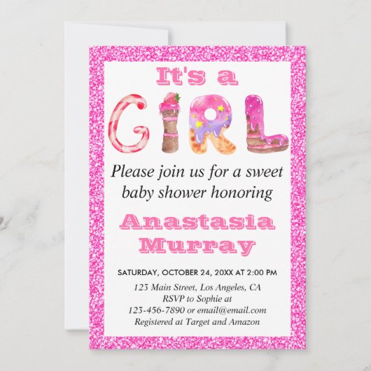 Invitation Fille Glam Sweet Parties scintillant rose chaud Ba (Devant)