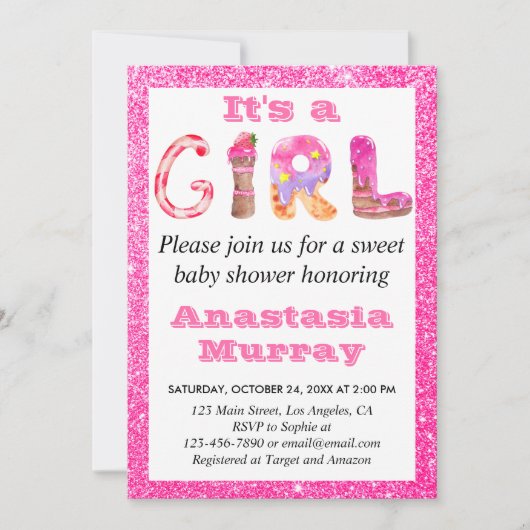 Invitation Fille Glam Sweet Parties scintillant rose chaud Ba (Devant)