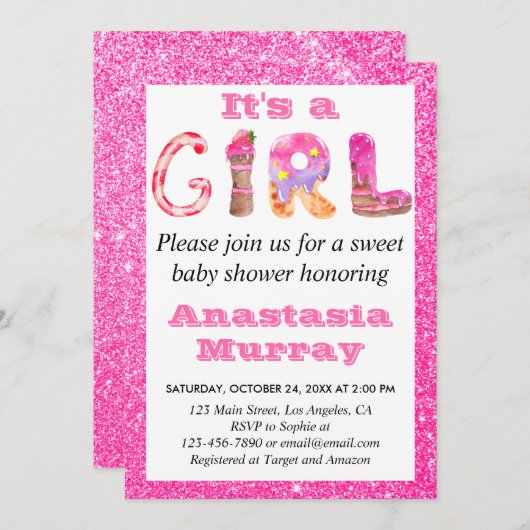 Invitation Fille Glam Sweet Parties scintillant rose chaud Ba (Devant / Derrière)