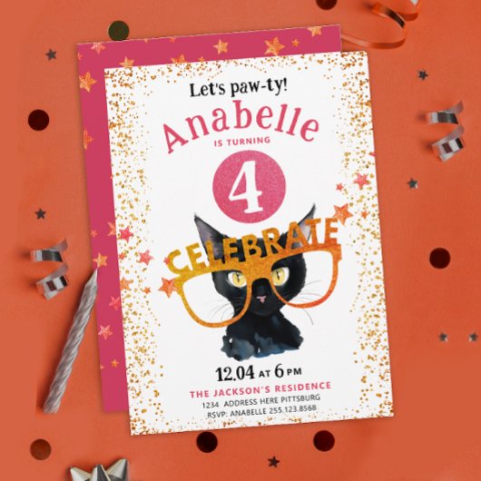 Invitation Fille Glittery Rose Orange Chat Pawty Aquarelle