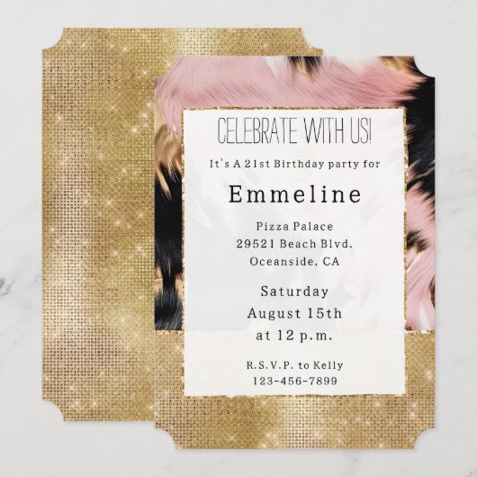 Invitation Fille Gold Sparkle rose noir Cowhide (Devant / Derrière)