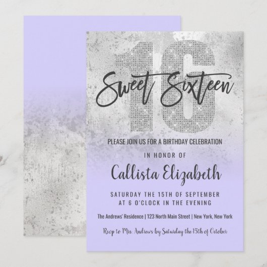 Invitation Fille Grunge Argent Lilac Parties scintillant Foil (Devant / Derrière)