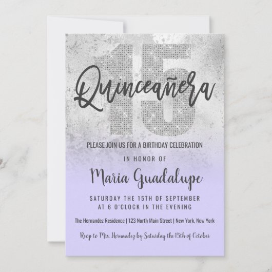 Invitation Fille Grunge Argent Lilac Parties scintillant Foil (Devant)