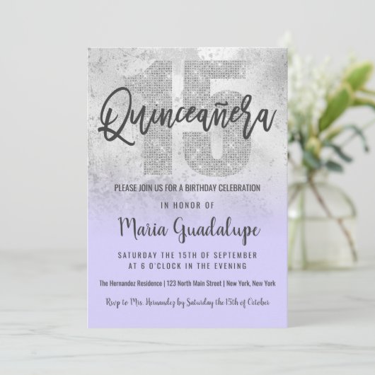 Invitation Fille Grunge Argent Lilac Parties scintillant Foil (Debout devant)