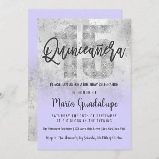 Invitation Fille Grunge Argent Lilac Parties scintillant Foil (Devant / Derrière)