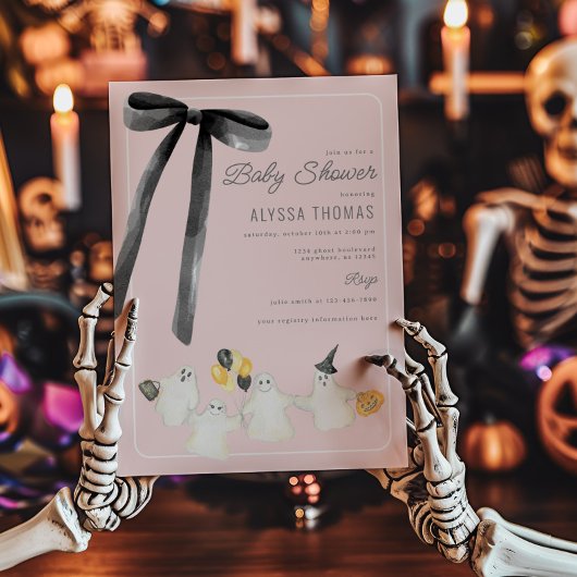 Invitation Fille Halloween Fantôme et Baby shower noir Bow