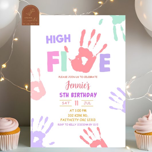 Invitation Fille High Five Anniversaire Pastel