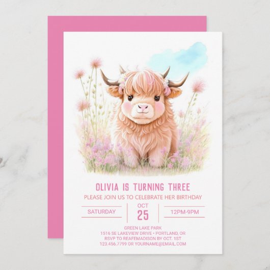 Invitation Fille Highland Vache Pampas Grass Anniversaire (Devant / Derrière)