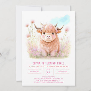 Invitation Fille Highland Vache Pampas Grass Anniversaire