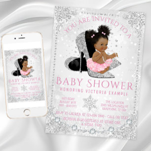 Invitation Fille Hiver Merveilleux Flocon de Neige Rose Baby