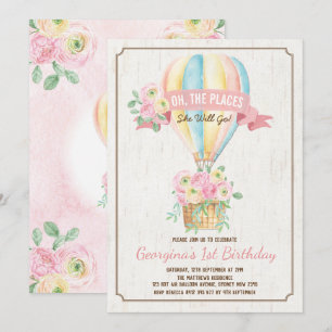 Invitation Fille Hot Air Balloon rose Floral Fille Anniversai