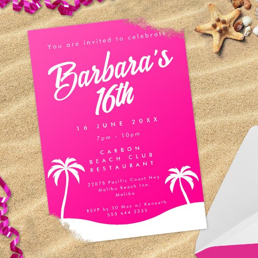 Invitation Fille Hot Rose Summer Plage Sweet 16