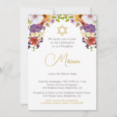 Invitation Fille juive Bébé Floral Hébreu Cérémonie du nom (Devant)