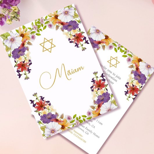 Invitation Fille juive Bébé Floral Hébreu Cérémonie du nom
