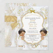 Invitation Fille jumeaux Baptême Christening Gold Ethnic (Devant / Derrière)