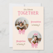Invitation Fille Jumelle Anniversaire mignonne Pink Bow Pearl (Devant)